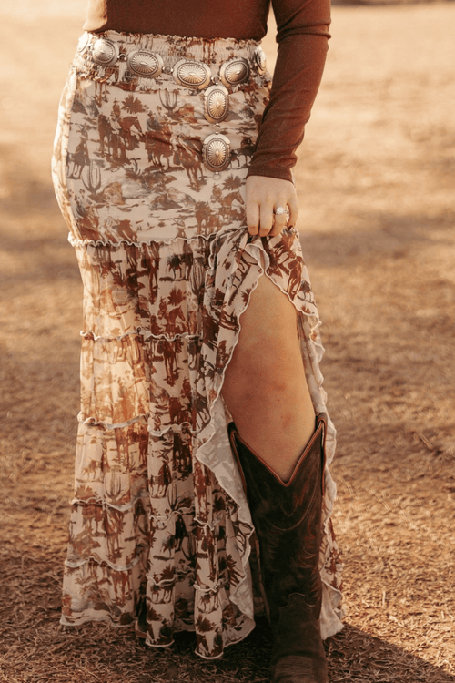 Cowboy Ruffle Mesh Skirt - Cowhide and Conchos