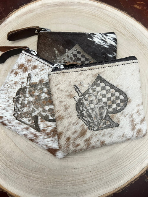 Cowhide Coin and card Purse - Ace and Skull Hand - Cowhide and Conchos