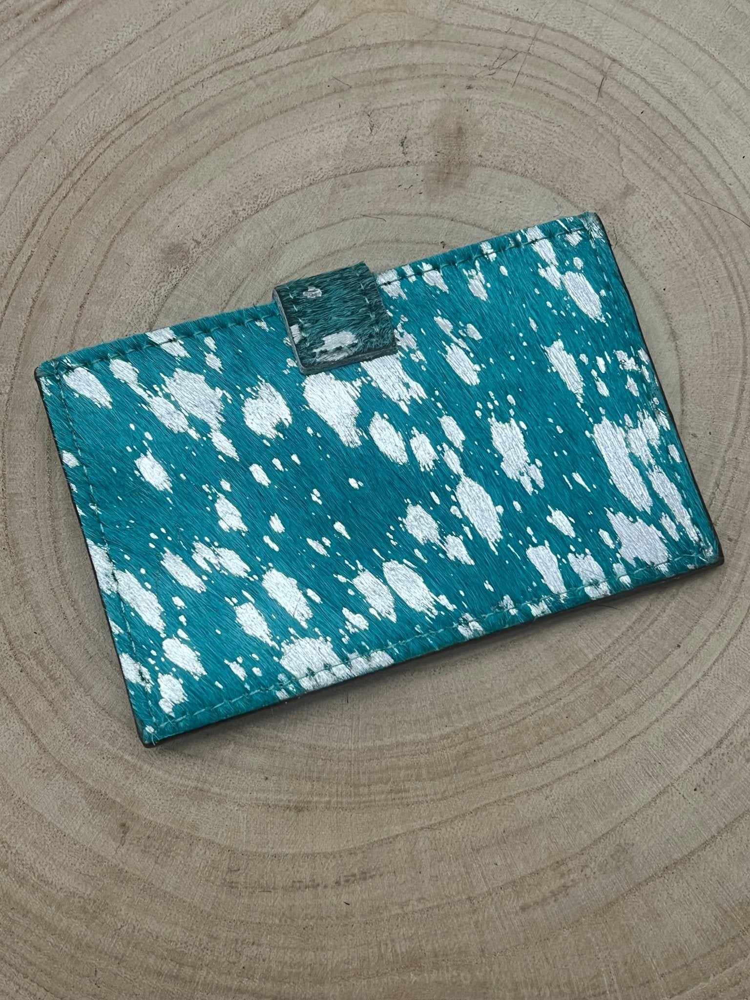 Cowhide Credit Card Wallet - Silver on Turquoise - Cowhide and Conchos