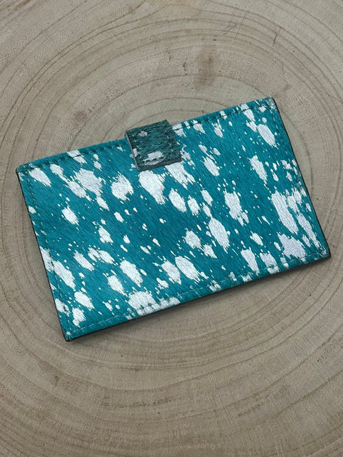 Cowhide Credit Card Wallet - Silver on Turquoise - Cowhide and Conchos