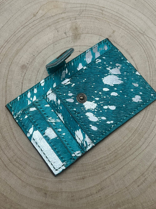 Cowhide Credit Card Wallet - Silver on Turquoise - Cowhide and Conchos