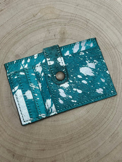 Cowhide Credit Card Wallet - Silver on Turquoise - Cowhide and Conchos