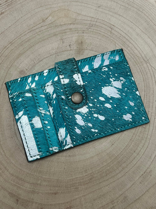 Cowhide Credit Card Wallet - Silver on Turquoise - Cowhide and Conchos