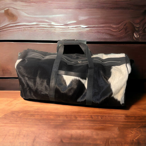 Cowhide Duffle Bag - Black and White - Cowhide and Conchos