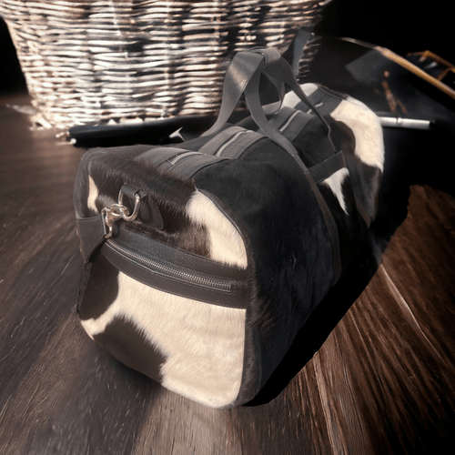 Cowhide Duffle Bag - Black and White - Cowhide and Conchos