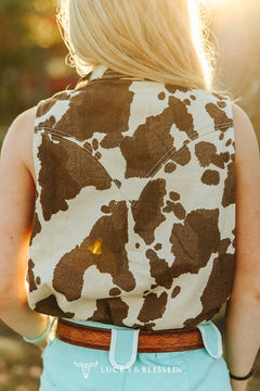 Cowhide Print Denim Button Down Pearl Snap Sleeveless Shirt - Cowhide and Conchos