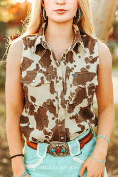 Cowhide Print Denim Button Down Pearl Snap Sleeveless Shirt - Cowhide and Conchos