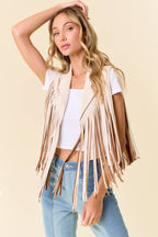 Cream Open Front Contrast Fringe Vest - Cowhide and Conchos
