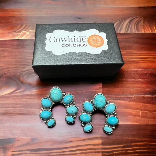 Crescent Moon Squash Earrings - Cowhide and Conchos