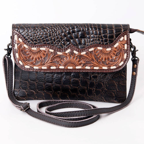 Croc and Tooled Genuine Leather Western Bag - Cowhide and Conchos