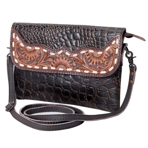Croc and Tooled Genuine Leather Western Bag - Cowhide and Conchos