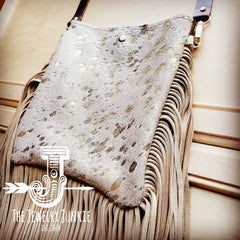 Crossbody Handbag Cream Metallic Leather Fringe - Medium size - Cowhide and Conchos