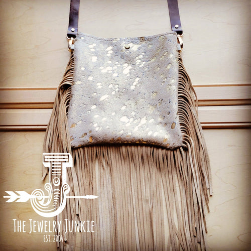 Crossbody Handbag Cream Metallic Leather Fringe - Medium size - Cowhide and Conchos