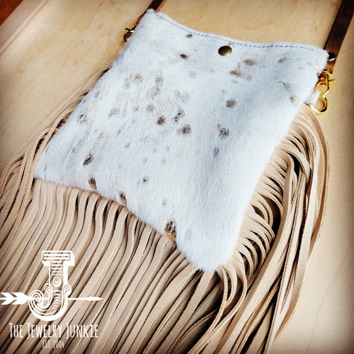 Crossbody Handbag Cream Metallic Leather Fringe - Medium size - Cowhide and Conchos