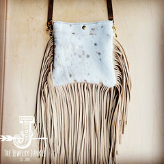 Crossbody Handbag Cream Metallic Leather Fringe - Medium size - Cowhide and Conchos