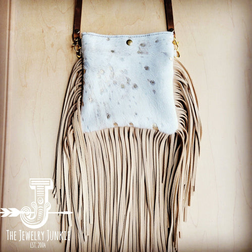 Crossbody Handbag Cream Metallic Leather Fringe - Medium size - Cowhide and Conchos