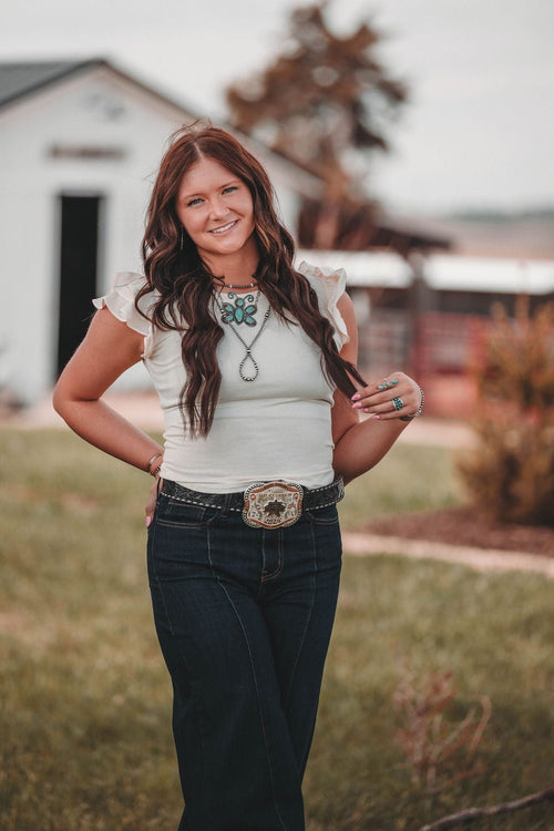 Crystal Flutter Sleeve Knit Top - Cowhide and Conchos