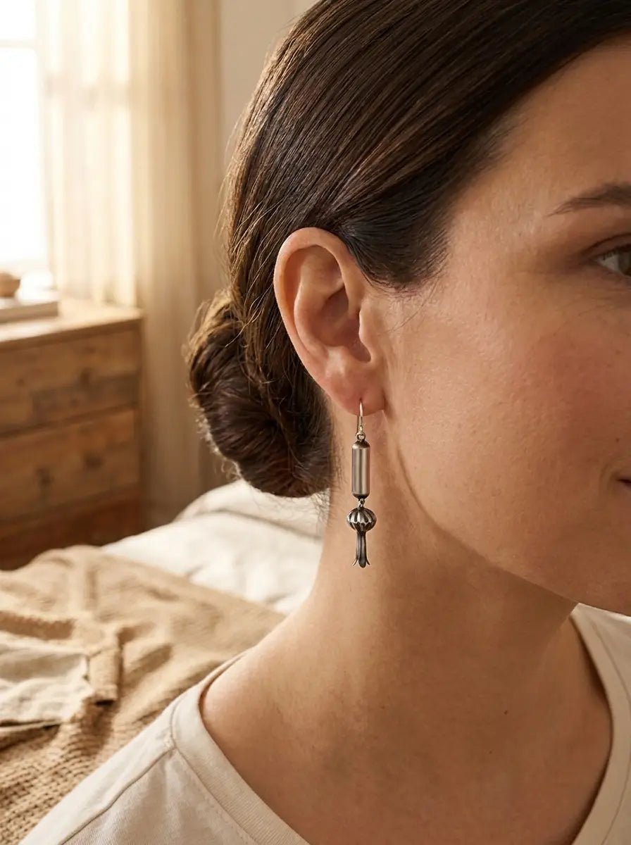 Crystal Hayley Sterling Silver Navajo Barrel & Squash Blossom Dangle Earrings — 1 3/4 inch drop (Handcrafted by Navajo Artist) - Cowhide and Conchos