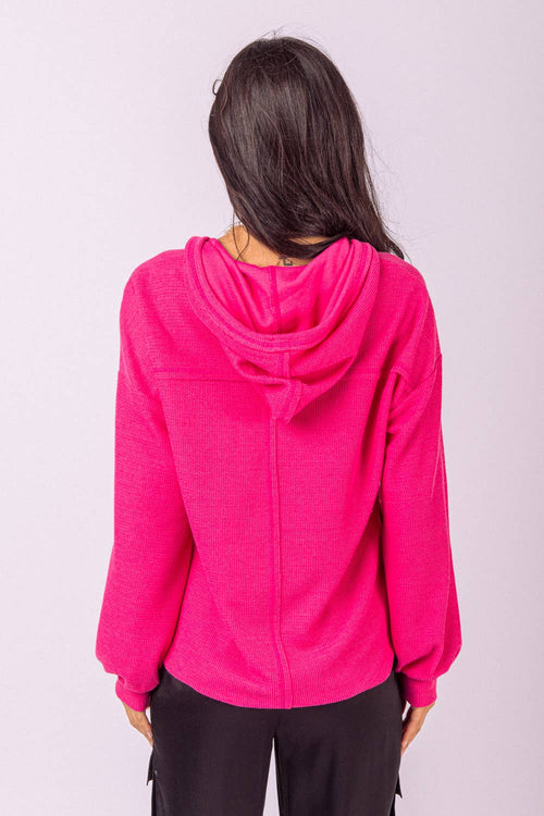 V-neck Puff Sleeve Hooded Knit Top - Hot Pink