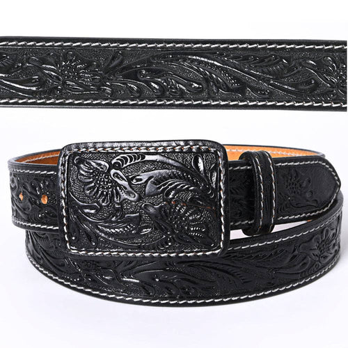 Genuine American Black Hand Tooled Leather Belt - Men or Women