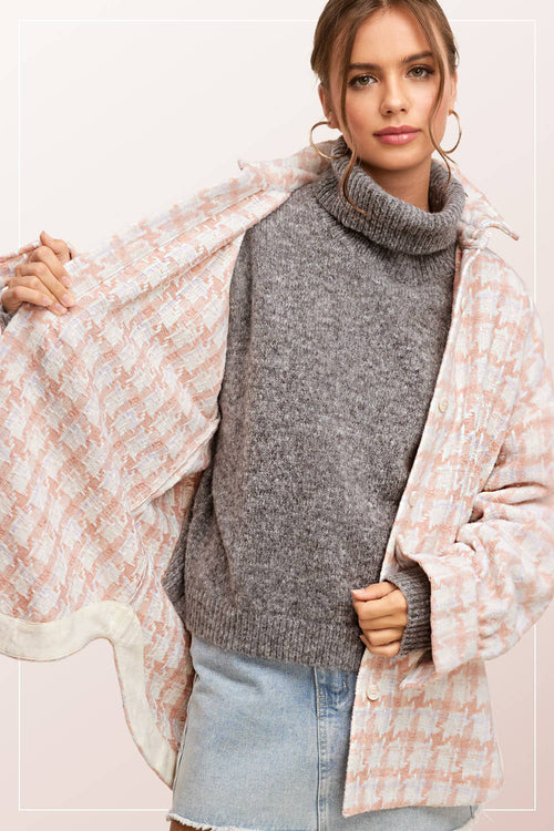 Oversized Houndstooth Patterned Soft Brushed Shacket