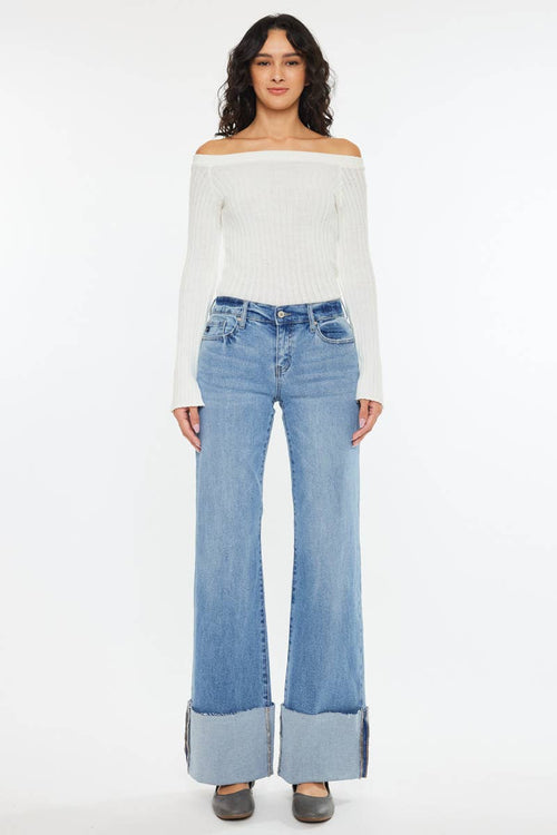 Kan Can Mid Rise Wide Flare Cuff Jeans