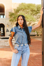Dainty Denim Pearl Snap Shirt - Cowhide and Conchos