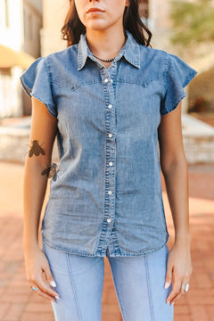 Dainty Denim Pearl Snap Shirt - Cowhide and Conchos