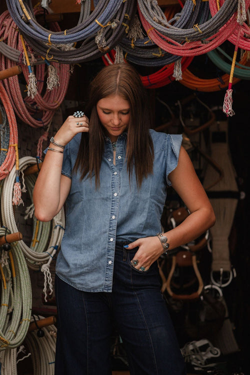 Dainty Denim Pearl Snap Shirt - Cowhide and Conchos