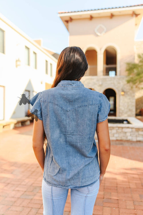 Dainty Denim Pearl Snap Shirt - Cowhide and Conchos