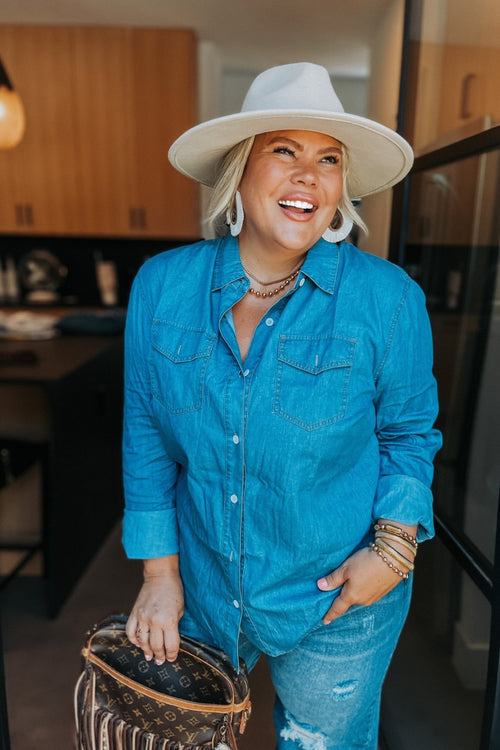 Dakota Denim Top - Cowhide and Conchos