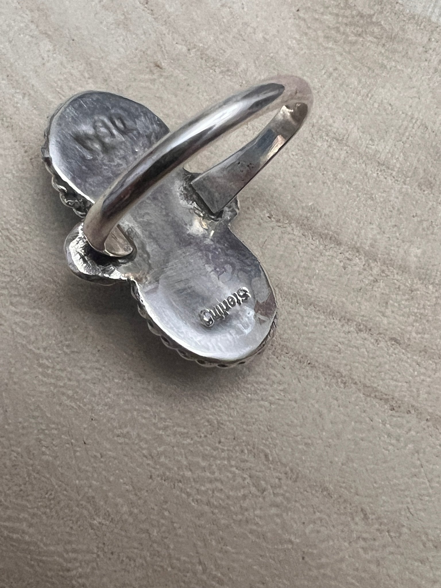 Darius Arviso Navajo Sterling Silver Turquoise Ring — Size 8.5, 1 1/8" × 3/4" Face (DGA Hallmarked) - Cowhide and Conchos