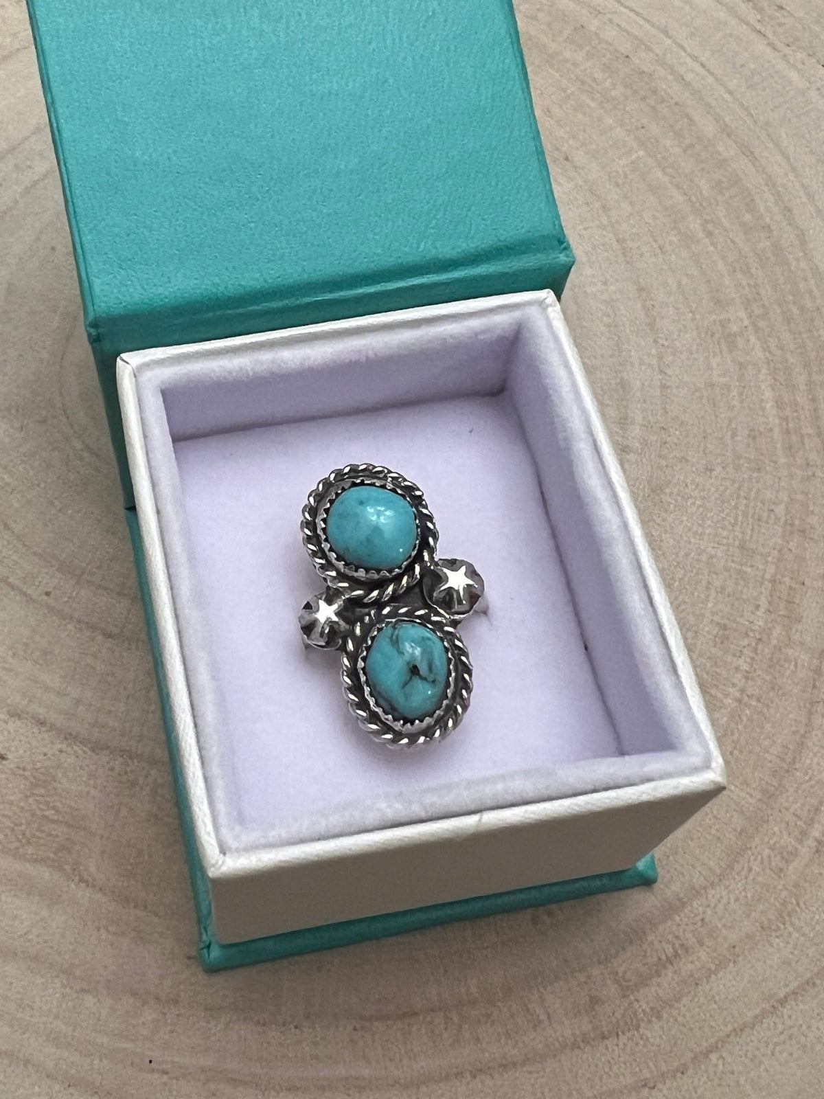 Darius Arviso Navajo Sterling Silver Turquoise Ring — Size 8.5, 1 1/8" × 3/4" Face (DGA Hallmarked) - Cowhide and Conchos