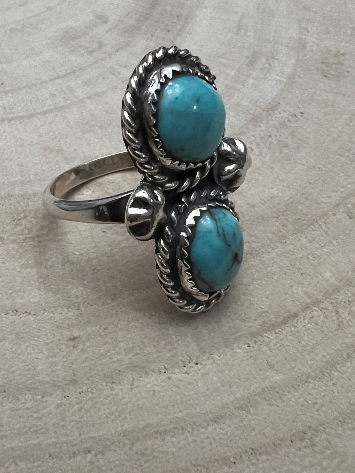 Darius Arviso Navajo Sterling Silver Turquoise Ring — Size 8.5, 1 1/8" × 3/4" Face (DGA Hallmarked) - Cowhide and Conchos
