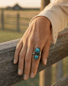 Darius Arviso Navajo Sterling Silver Turquoise Ring — Size 8.5, 1 1/8" × 3/4" Face (DGA Hallmarked) - Cowhide and Conchos