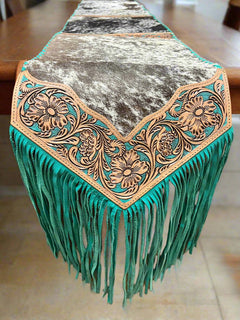 Dark Brown and White Table Runner with Fringe - Cowhide and Conchos