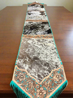 Dark Brown and White Table Runner with Fringe - Cowhide and Conchos