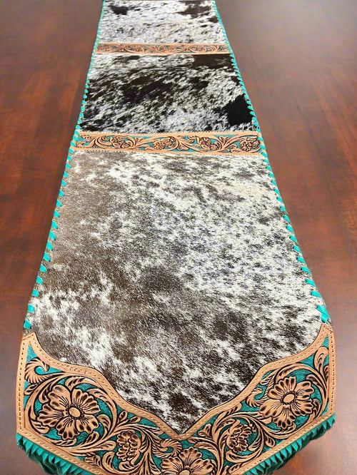 Dark Brown and White Table Runner with Fringe - Cowhide and Conchos