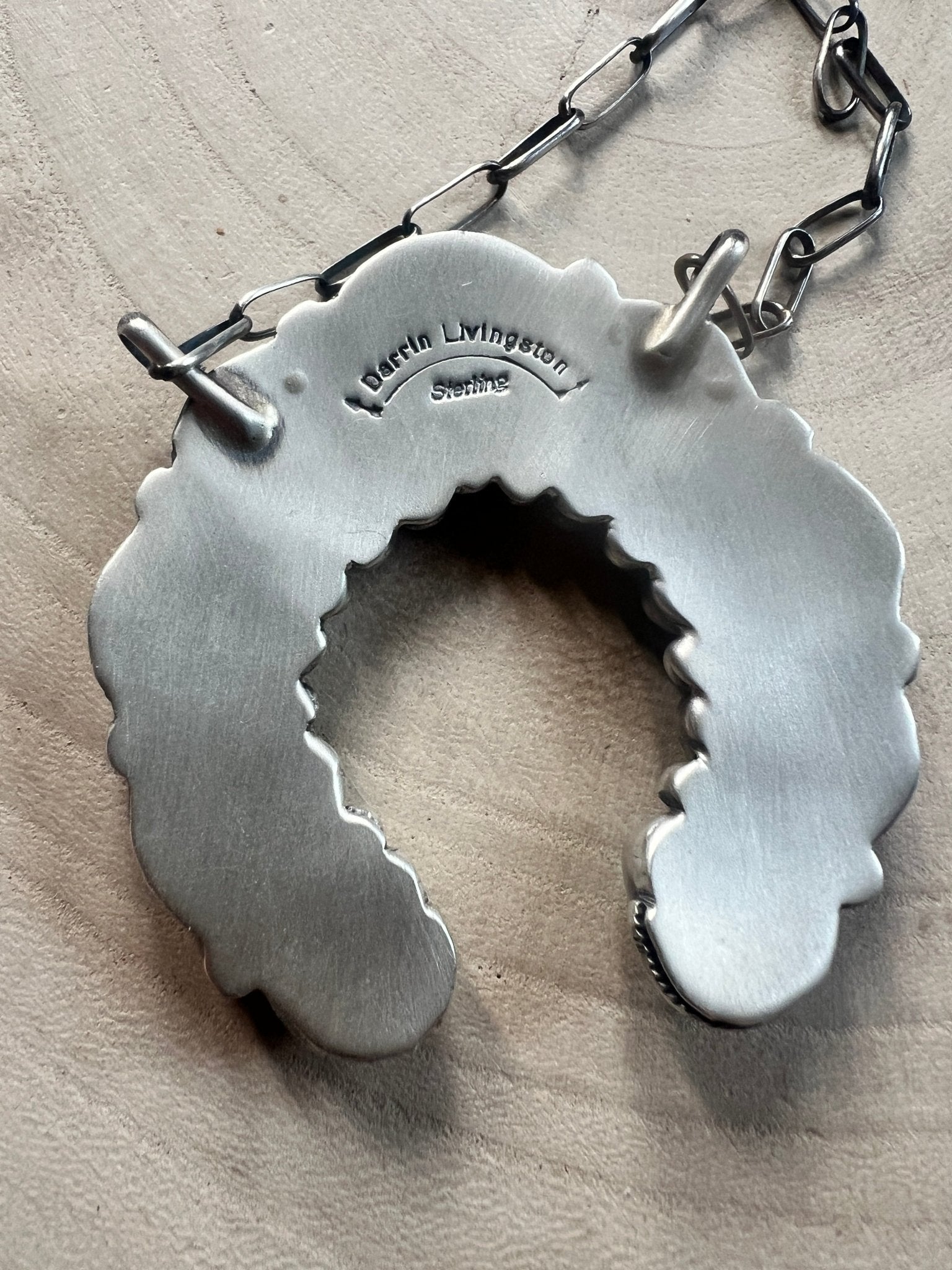 Darrin Livingston Navajo Naja Pendant Sterling Silver Necklace — 18" Chain with Sonoran Mountain Turquoise (2" × 2" Naja, Hallmarked, Heirloom Flagship) - Cowhide and Conchos