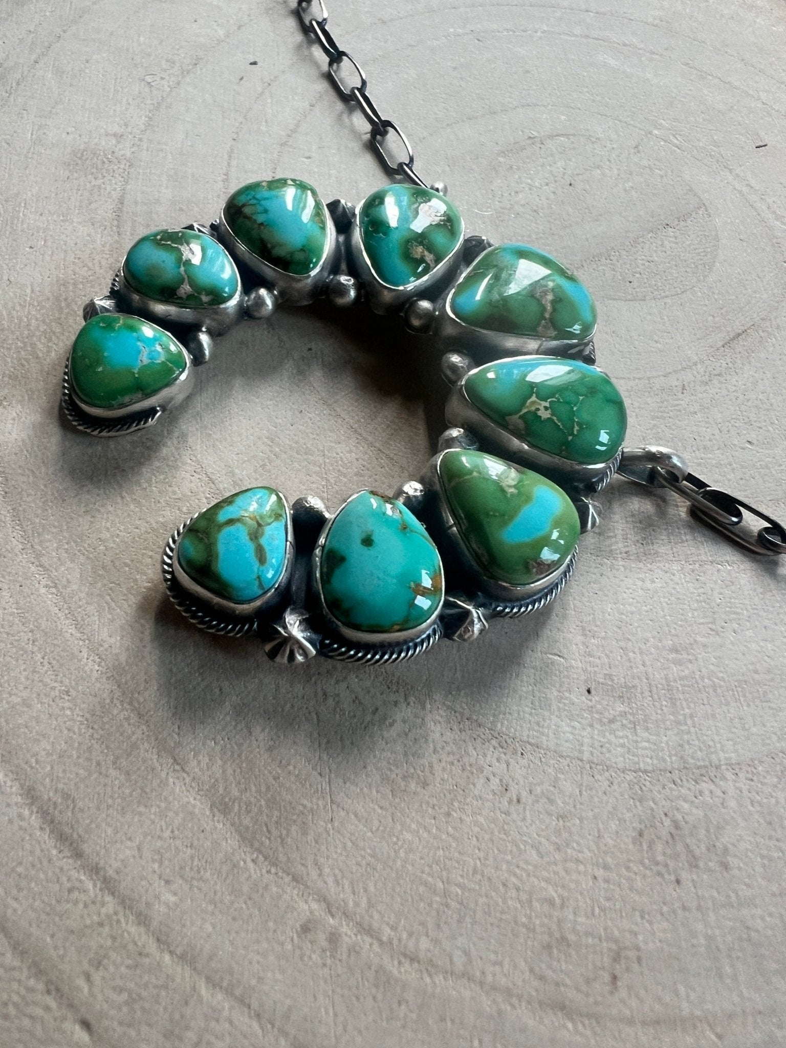 Darrin Livingston Navajo Naja Pendant Sterling Silver Necklace — 18" Chain with Sonoran Mountain Turquoise (2" × 2" Naja, Hallmarked, Heirloom Flagship) - Cowhide and Conchos