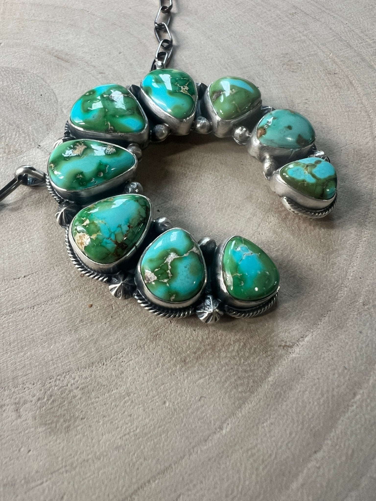 Darrin Livingston Navajo Naja Pendant Sterling Silver Necklace — 18" Chain with Sonoran Mountain Turquoise (2" × 2" Naja, Hallmarked, Heirloom Flagship) - Cowhide and Conchos