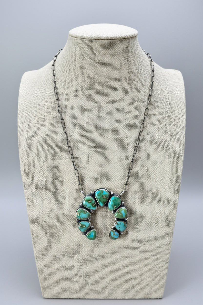 Darrin Livingston Navajo Naja Pendant Sterling Silver Necklace — 18" Chain with Sonoran Mountain Turquoise (2" × 2" Naja, Hallmarked, Heirloom Flagship) - Cowhide and Conchos