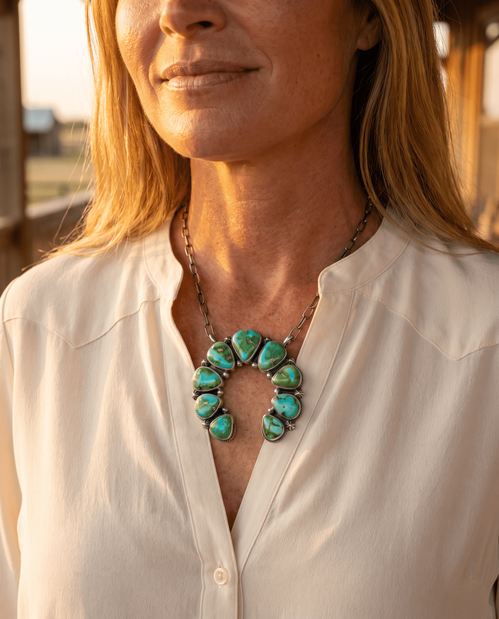 Darrin Livingston Navajo Naja Pendant Sterling Silver Necklace — 18" Chain with Sonoran Mountain Turquoise (2" × 2" Naja, Hallmarked, Heirloom Flagship) - Cowhide and Conchos