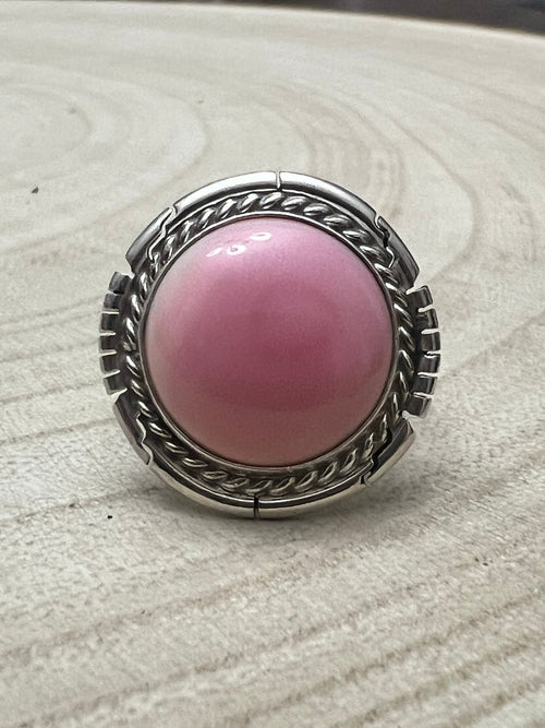 Dave Skeets Pink Conch Handmade Navajo Ring - Cowhide and Conchos