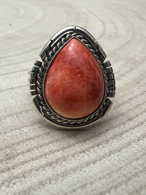 Dave Skeets Spiny Oyster & Sterling Silver Ring - Size 8 - Cowhide and Conchos