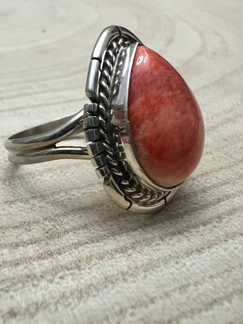 Dave Skeets Spiny Oyster & Sterling Silver Ring - Size 8 - Cowhide and Conchos