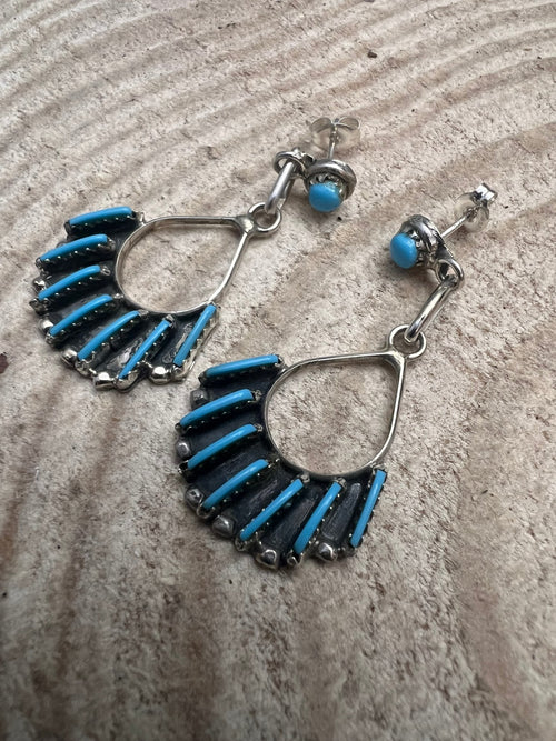 Davis Kaamasee Zuni Handmade Sterling and Kingman Turquoise Dangle Earrings - Cowhide and Conchos