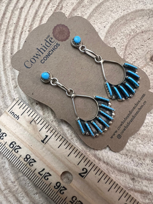 Davis Kaamasee Zuni Handmade Sterling and Kingman Turquoise Dangle Earrings - Cowhide and Conchos
