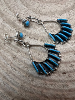 Davis Kaamasee Zuni Handmade Sterling and Kingman Turquoise Dangle Earrings - Cowhide and Conchos