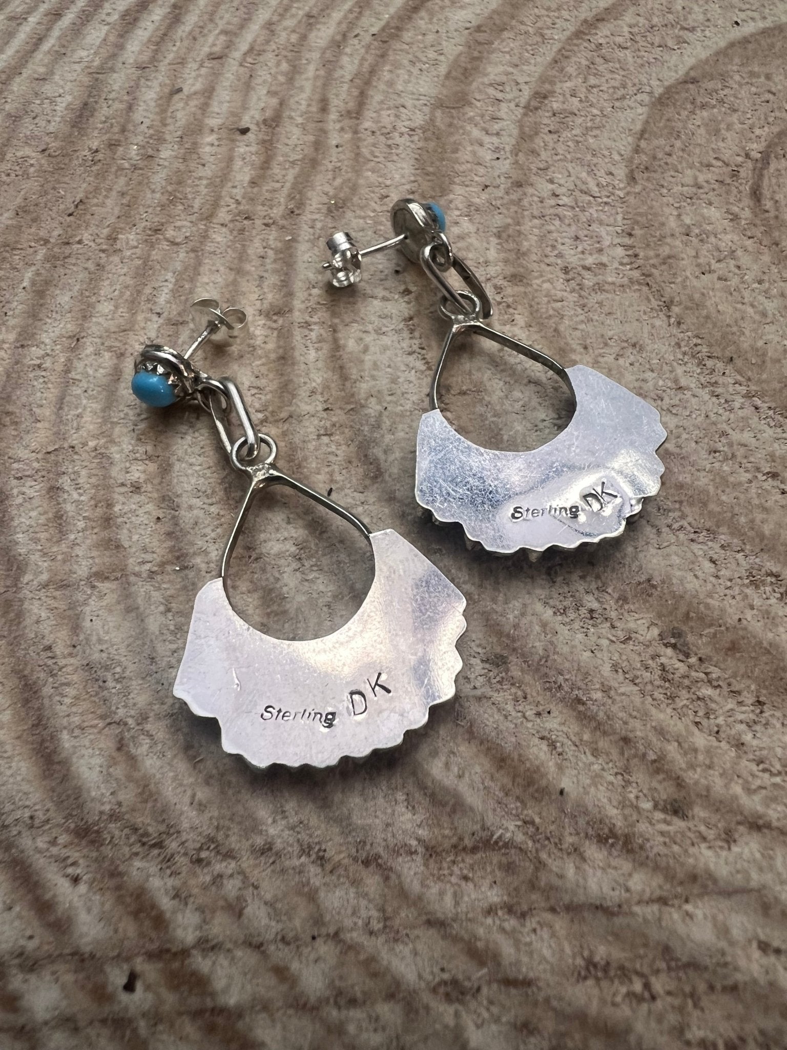 Davis Kaamasee Zuni Handmade Sterling and Kingman Turquoise Dangle Earrings - Cowhide and Conchos